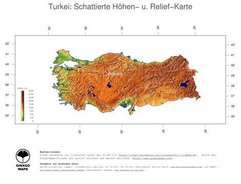 Karte: Landkarte Türkei (Staatsgrenzen und Hauptstadt): farbkodierte Topographie, schattiertes Relief