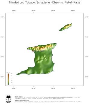 Karte: Landkarte Trinidad und Tobago (Staatsgrenzen und Hauptstadt): farbkodierte Topographie, schattiertes Relief
