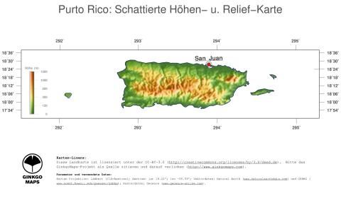 Karte: Landkarte Puerto Rico (Staatsgrenzen und Hauptstadt): farbkodierte Topographie, schattiertes Relief