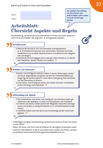 Arbeitsblatt: Beruf und Arbeit in Film und Fernsehen - Arbeitsblatt: Übersicht Aspekte und Regeln