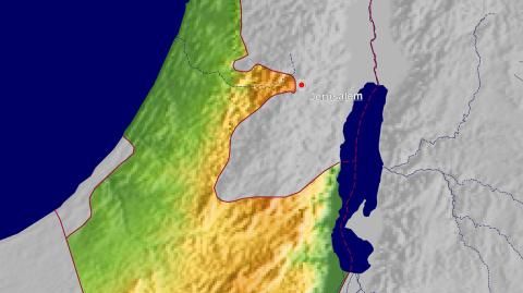 Karte: Landkarte Israel (Staatsgrenzen und Hauptstadt): farbkodierte Topographie, schattiertes Relief