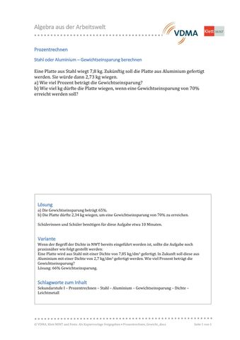 Arbeitsblatt: Prozentrechnen | Stahl oder Aluminium - Gewichtseinsparung berechnen (PDF)