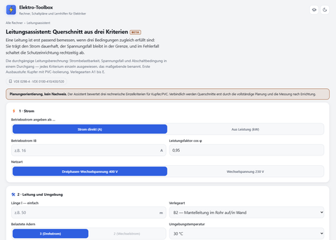 Webseite: Elektro-Toolbox: Leitungsassistent