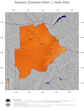 Karte: Landkarte Botswana (Staatsgrenzen und Hauptstadt): farbkodierte Topographie, schattiertes Relief
