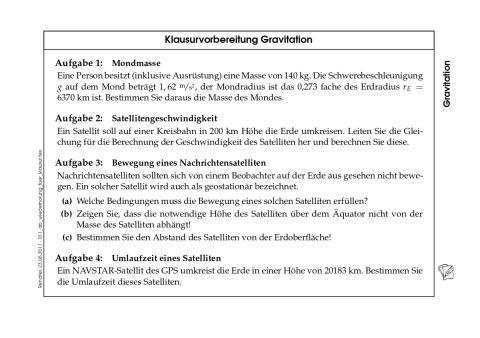 Arbeitsblatt: Klausurvorbereitung Gravitation (pdf)