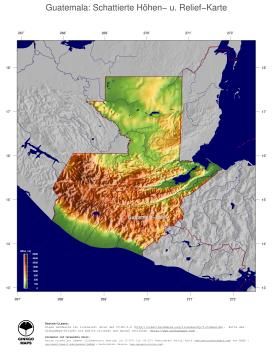 Karte: Landkarte Guatemala (Staatsgrenzen und Hauptstadt): farbkodierte Topographie, schattiertes Relief