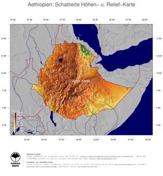 Karte: Landkarte Äthiopien (Staatsgrenzen und Hauptstadt): farbkodierte Topographie, schattiertes Relief