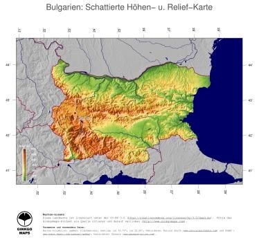 Karte: Landkarte Bulgarien (Staatsgrenzen und Hauptstadt): farbkodierte Topographie, schattiertes Relief