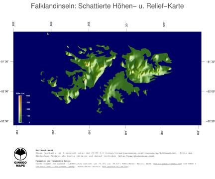 Karte: Landkarte Falklandinseln (Staatsgrenzen und Hauptstadt): farbkodierte Topographie, schattiertes Relief