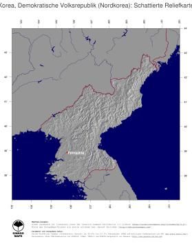 Karte: Landkarte Nordkorea (Staatsgrenzen und Hauptstadt): schattiertes Relief