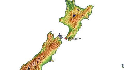Karte: Landkarte Neuseeland (Staatsgrenzen und Hauptstadt): farbkodierte Topographie, schattiertes Relief