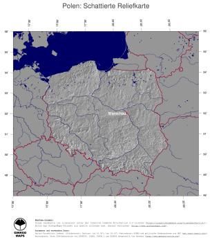 Karte: Landkarte Polen (Staatsgrenzen und Hauptstadt): schattiertes Relief