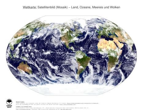 Karte: Weltkarte (Land, Ozeane, Meereis und Wolken)