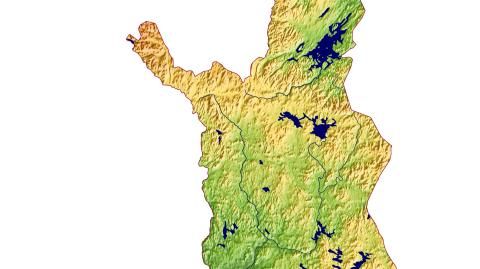 Karte: Landkarte Finnland (Staatsgrenzen und Hauptstadt): farbkodierte Topographie, schattiertes Relief