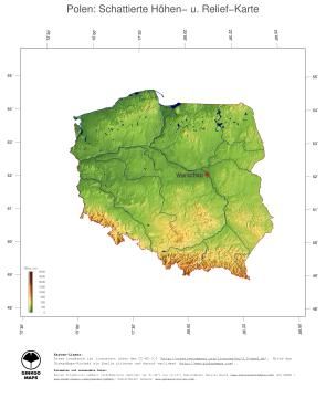 Karte: Landkarte Polen (Staatsgrenzen und Hauptstadt): farbkodierte Topographie, schattiertes Relief