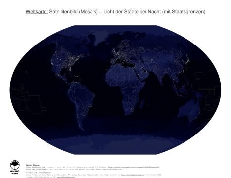 Karte: Weltkarte (Licht der Städte bei Nacht (mit Staatsgrenzen))