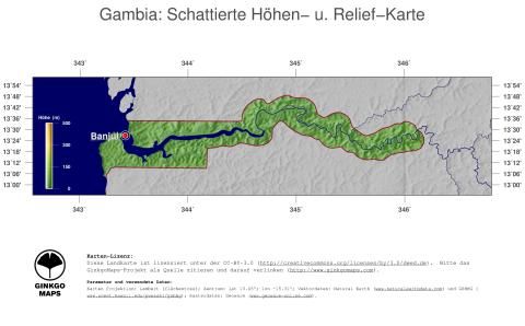 Karte: Landkarte Gambia (Staatsgrenzen und Hauptstadt): farbkodierte Topographie, schattiertes Relief