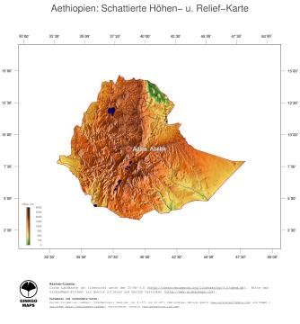 Karte: Landkarte Äthiopien (Staatsgrenzen und Hauptstadt): farbkodierte Topographie, schattiertes Relief
