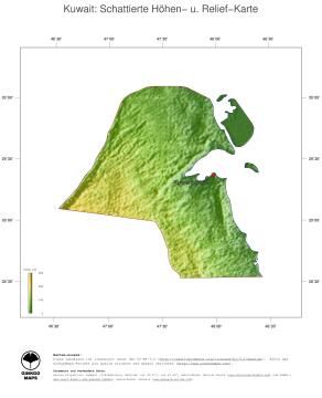 Karte: Landkarte Kuwait (Staatsgrenzen und Hauptstadt): farbkodierte Topographie, schattiertes Relief