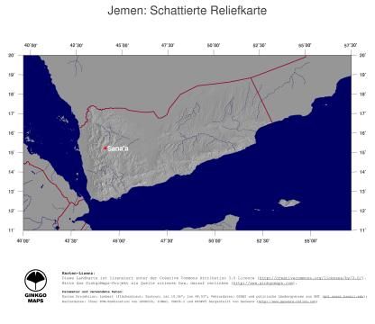 Karte: Landkarte Jemen (Staatsgrenzen und Hauptstadt): schattiertes Relief