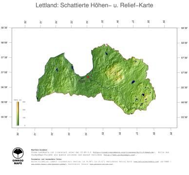 Karte: Landkarte Lettland (Staatsgrenzen und Hauptstadt): farbkodierte Topographie, schattiertes Relief