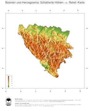 Karte: Landkarte Bosnien und Herzegowina (Staatsgrenzen und Hauptstadt): farbkodierte Topographie, schattiertes Relief
