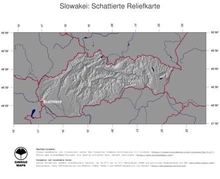 Karte: Landkarte Slowakei (Staatsgrenzen und Hauptstadt): schattiertes Relief