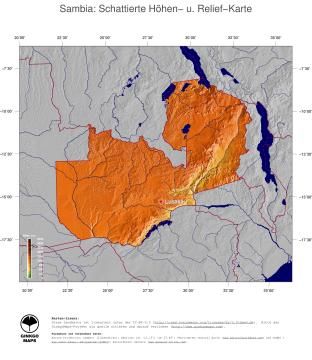 Karte: Landkarte Sambia (Staatsgrenzen und Hauptstadt): farbkodierte Topographie, schattiertes Relief