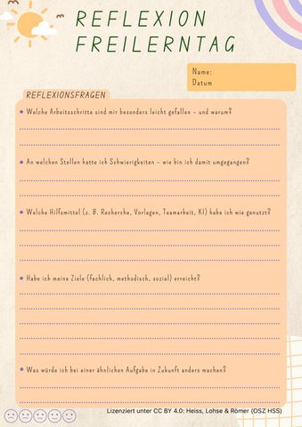 Arbeitsblatt: Vorlage eines Reflexionsbogens für den Freilerntag
