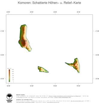 Karte: Landkarte Komoren (Staatsgrenzen und Hauptstadt): farbkodierte Topographie, schattiertes Relief