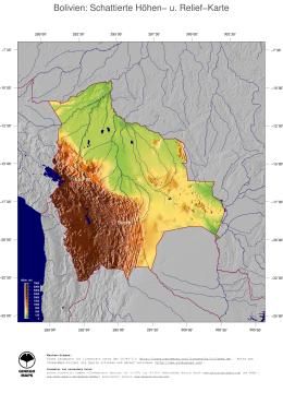 Karte: Landkarte Bolivien (Staatsgrenzen und Hauptstadt): farbkodierte Topographie, schattiertes Relief