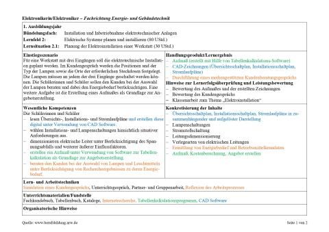 Unterrichtsplanung: Planung der Elektroinstallation einer Werkstatt
