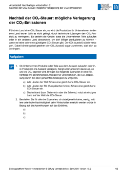 Arbeitsblatt: Modul 13 | Arbeitsblatt 2 "Nachteil der CO2-Steuer: mögliche Verlagerung der CO2-Emissionen"