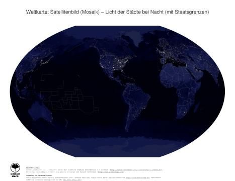 Karte: Weltkarte (Licht der Städte bei Nacht (mit Staatsgrenzen))