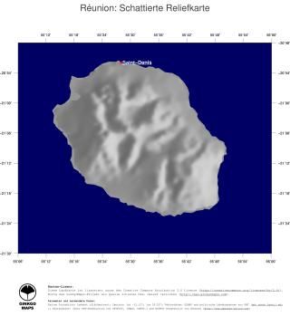 Karte: Landkarte Réunion (Staatsgrenzen und Hauptstadt / schattiertes Relief)