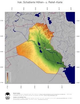 Karte: Landkarte Irak (Staatsgrenzen und Hauptstadt): farbkodierte Topographie, schattiertes Relief