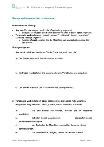 Arbeitsblatt: Wartung, die wirkt: Säulenbohrmaschine | M 12: Integrierte Grammatik: Kausale/temporale Satzverbindungen