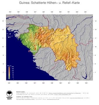 Karte: Landkarte Guinea (Staatsgrenzen und Hauptstadt): farbkodierte Topographie, schattiertes Relief