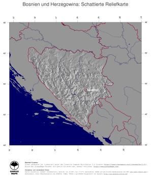 Karte: Landkarte Bosnien und Herzegowina (Staatsgrenzen und Hauptstadt): schattiertes Relief