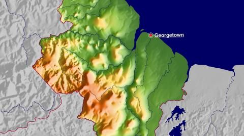 Karte: Landkarte Guyana (Staatsgrenzen und Hauptstadt): farbkodierte Topographie, schattiertes Relief