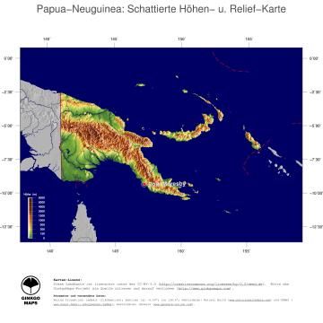 Karte: Landkarte Papua Neuguinea (Staatsgrenzen und Hauptstadt): farbkodierte Topographie, schattiertes Relief