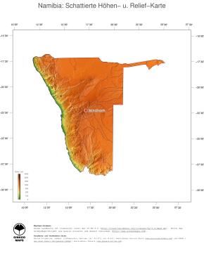 Karte: Landkarte Namibia (Staatsgrenzen und Hauptstadt): farbkodierte Topographie, schattiertes Relief