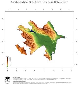 Karte: Landkarte Aserbaidschan (Staatsgrenzen und Hauptstadt): farbkodierte Topographie, schattiertes Relief
