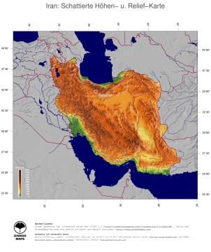 Karte: Landkarte Iran (Staatsgrenzen und Hauptstadt): farbkodierte Topographie, schattiertes Relief