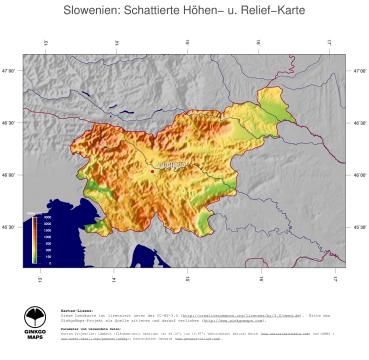 Karte: Landkarte Slowenien (Staatsgrenzen und Hauptstadt): farbkodierte Topographie, schattiertes Relief