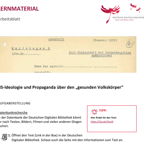 Arbeitsblatt: Arbeitsblatt 1: NS-Ideologie und Propaganda über den „gesunden Volkskörper“