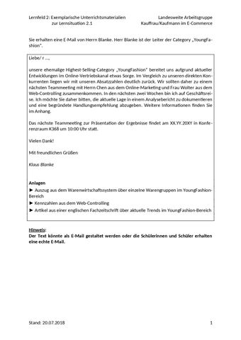 Unterrichtsplanung: LS 2.1 Sortiment im unternehmenseigenen Online-Shop analysieren | Exemplarisches Unterrichtsmaterial Nr. 1