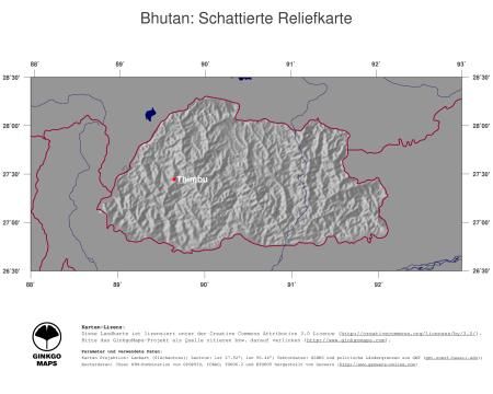 Karte: Landkarte Bhutan (Staatsgrenzen und Hauptstadt): schattiertes Relief