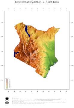 Karte: Landkarte Kenia (Staatsgrenzen und Hauptstadt): farbkodierte Topographie, schattiertes Relief