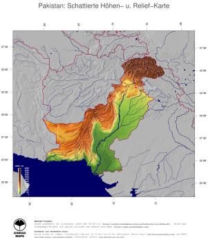 Karte: Landkarte Pakistan (Staatsgrenzen und Hauptstadt): farbkodierte Topographie, schattiertes Relief